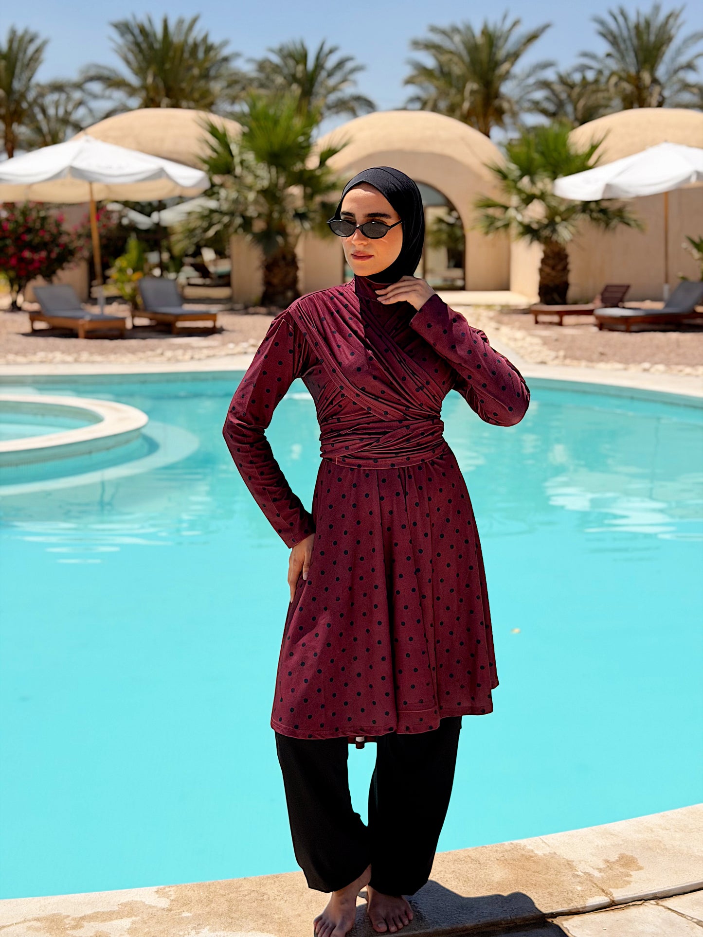 Burgundy Polka Dots Lycra Burkini