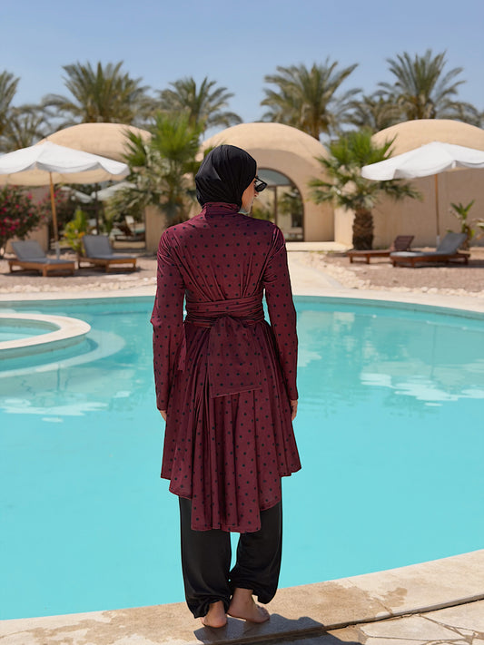 Burgundy Polka Dots Lycra Burkini